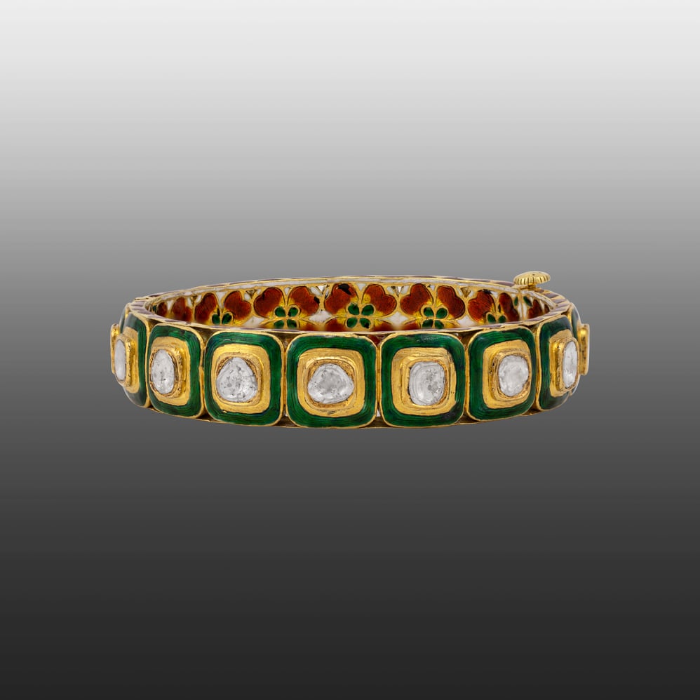 Green Enamel Polki Bangle with Floral Detailing Innerside